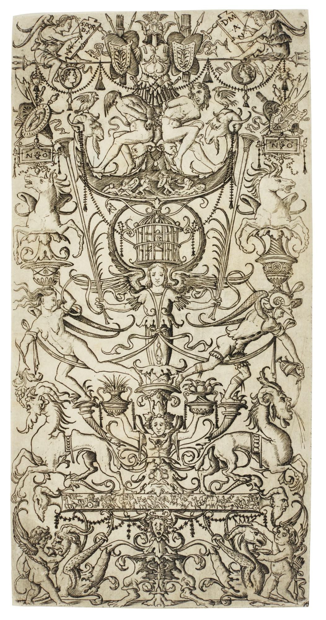 Nicoletto Da Modena - Ornament Panel With Bound Slaves And A Birdcage (B. Vol. Xxv 56; B. Vol. Xxv Commentary 92; H. Vol. V. 105)