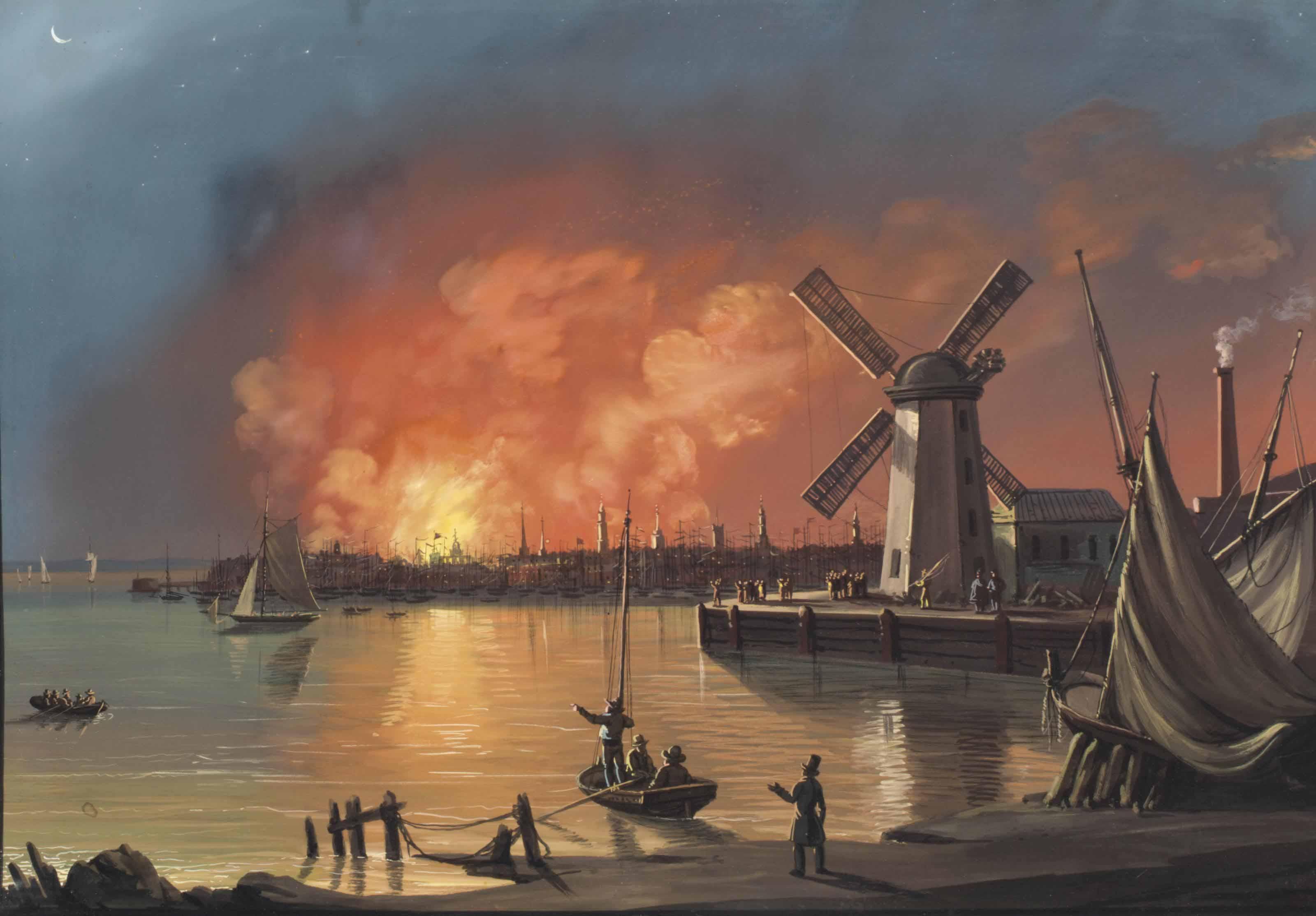 Nicolino Vicompte Calyo - A View of the New York Fire, Taken Near the Mill in Brooklyn, December 16, 1835