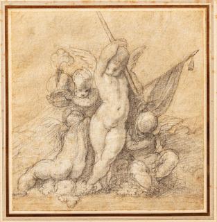 Nicolò dell\' Abate - Four putti holding two flags and a helmet