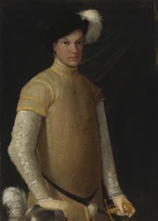 Nicolò Dell\' Abate - Portrait Of A Young Man Wearing A Plumed Hat, A Yellow Doublet With Slashed Sleeves, Lace Cuffs And Collar, Resting His Right Hand On A Plumed Helmet