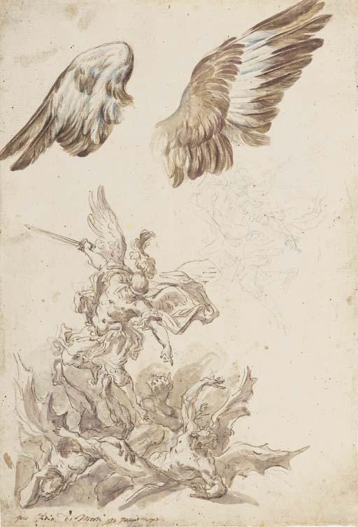 Nicolò Ricciolini - Saint Michel chassant les anges rebelles, avec des études subsidiaires des ailes et du Saint