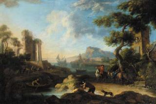 Nicolo Viso - A coastal inlet with shipping and horsemen near classical ruins