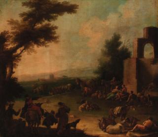 Nicolo Viso - An Italianate landscape with travellers and shepherds by a ruin
