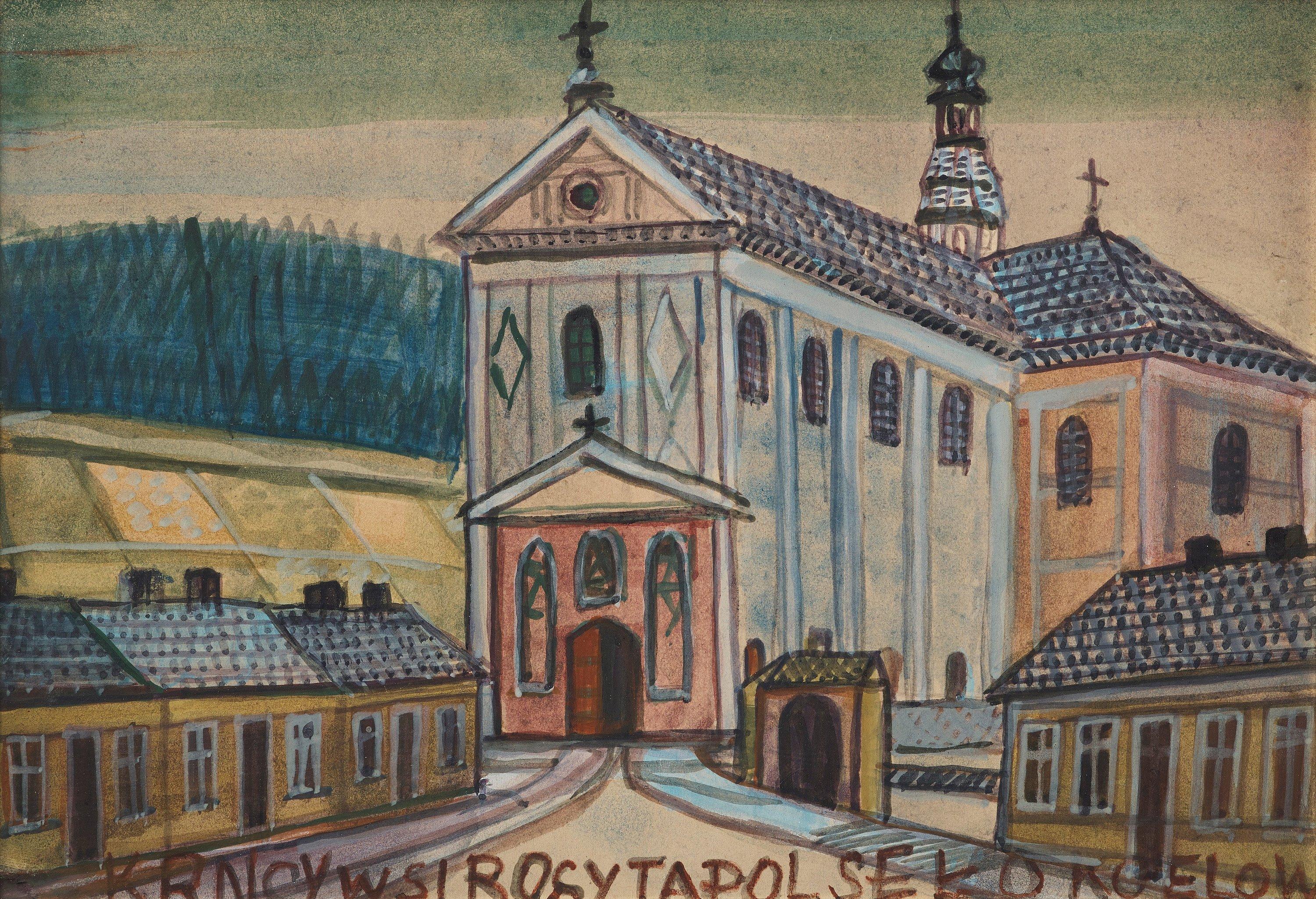Nikifor Krynicki - Village scene with church.
