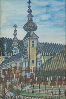 Nikifor - Village of Rosyta, Krynicki framed (unglazed) 36.8 x 27.5 x 1.5 cm (14 1/2 x 10 3/4 x 3/4 in).