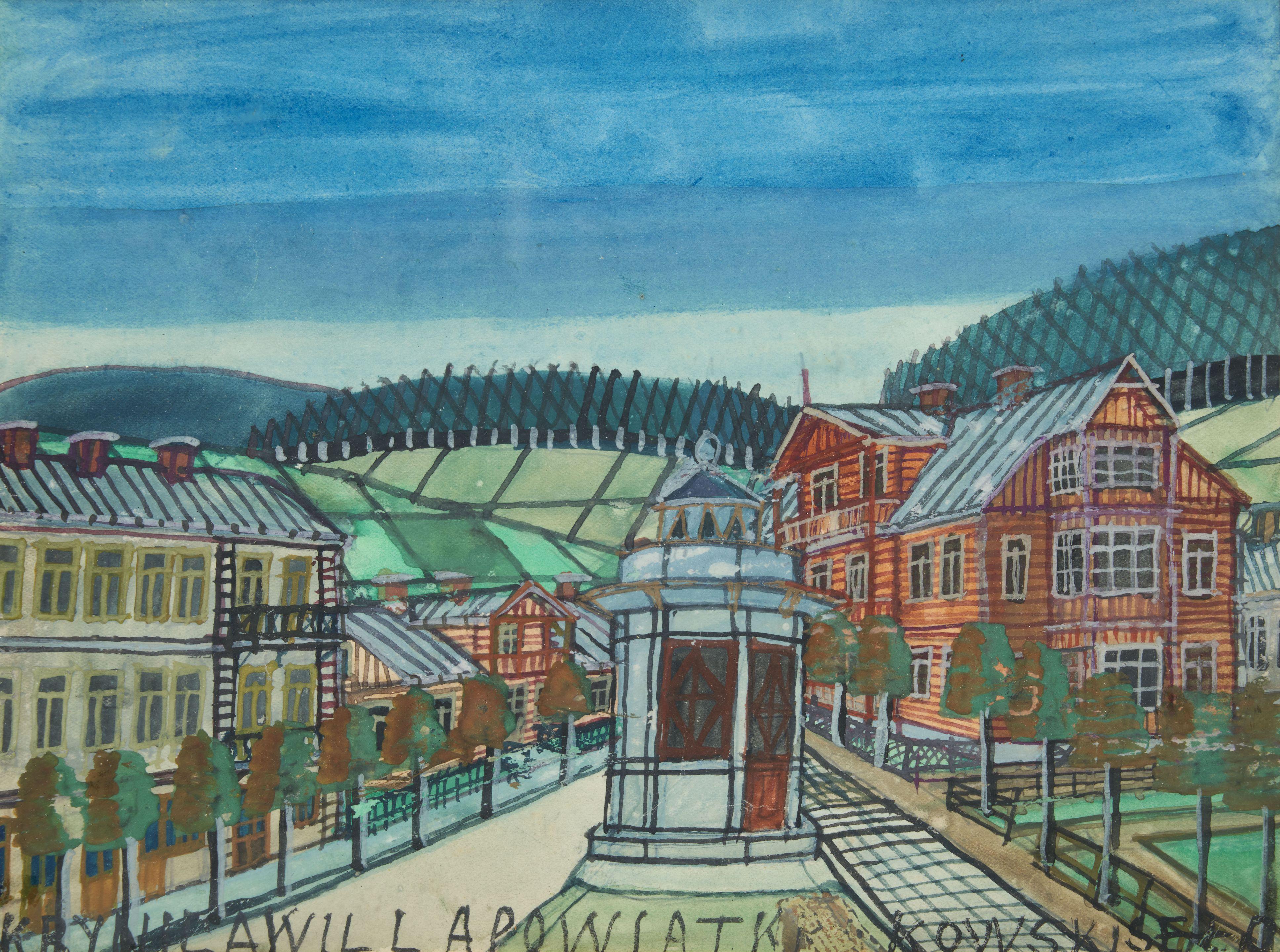 Nikifor - Village Square in Krynica, Poland framed 30.5 x 35.5 x 1.5 cm (12 x 14 x 3/4 in).