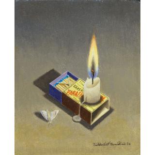 Niklaus Stoecklin - Stillleben Mit Brennender Kerze, Zündholzschachtel Und Totem Nachtfalter, 1950 Still Life With Burning Candle, Matchbox And Dead Moth, 1950