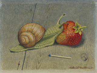 Niklaus Stoecklin - Stillleben Mit Schnecke, Zündholz Und Erdbeere, 1961