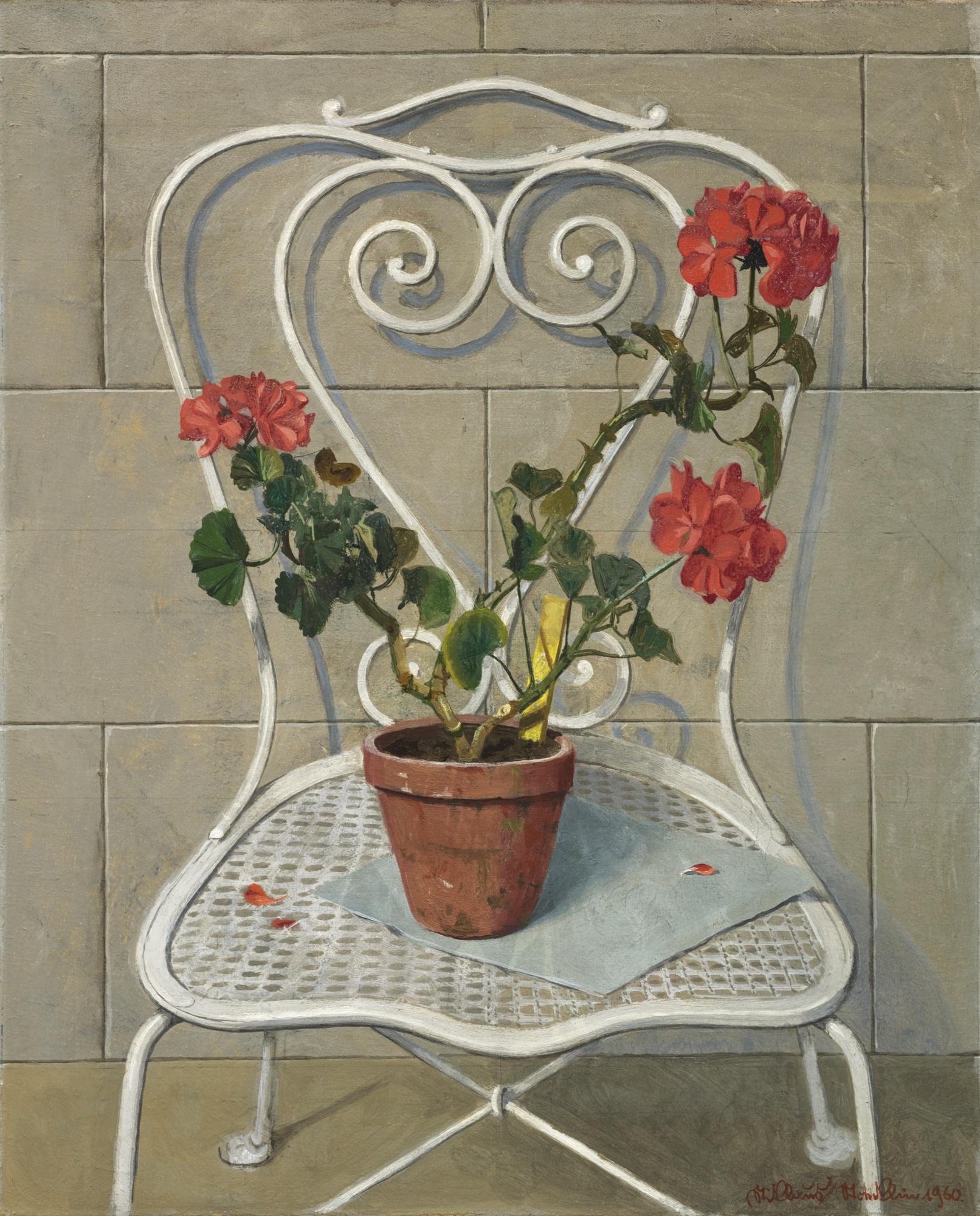 Niklaus Stoecklin - Weisser Gartenstuhl Mit Geranien In Tontopf, 1960