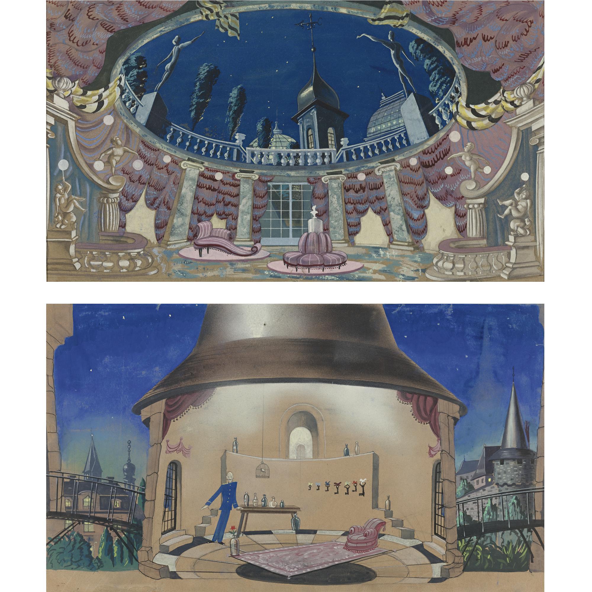 Nikolai Akimov - Russian Pair Of Stage Designs For The Bat, 1948