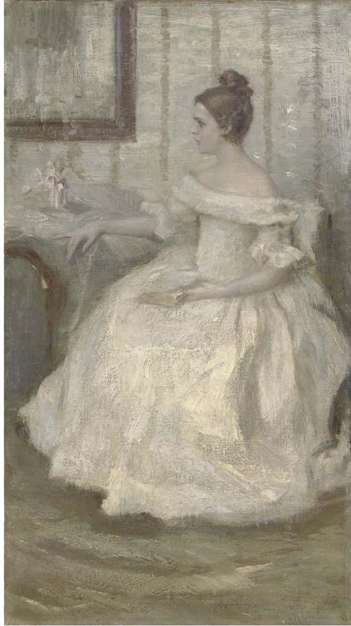Nikolai Alekseevich Kasatkin - Portrait of a lady in white, seated, holding a book