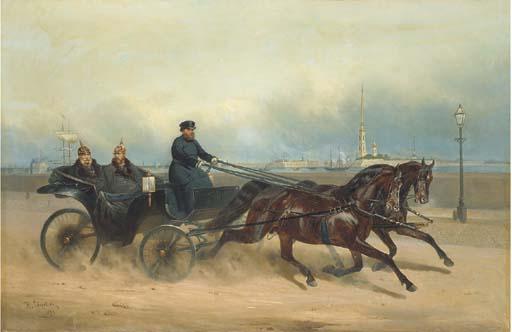 Nikolai Egorovich Sverchkov - Emperor Alexander II And Kaiser Wilhelm I In A Carriage With A View Of The Peter-Paul Fortress, St. Petersburg