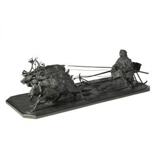 Nikolai Ivanovich Lieberich - A Bronze Group Of A Traveller On Reindeer-Drawn Sleigh