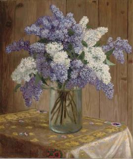 Nikolai Petrovich Bogdanov-Bel\'Sky - Purple And White Lilacs In A Glass Vase