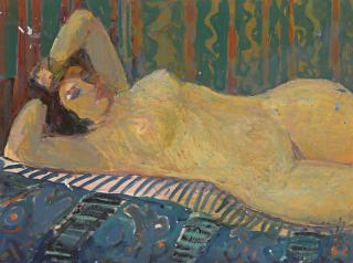 Nikolai Petrovich Glushenko - Reclining Nude And A View Of Bakhchisarai