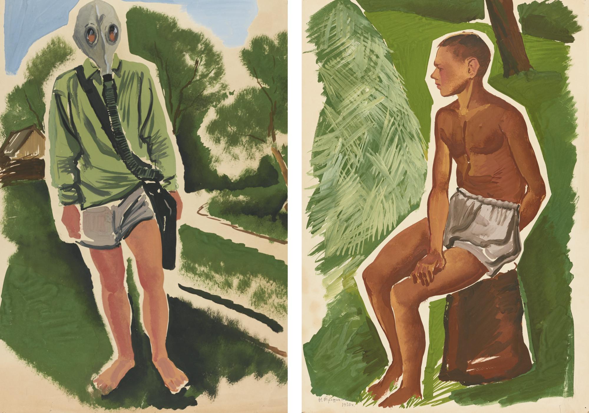 Nikolai Stepanovich Troshin - Gas Mask And Seated Boy