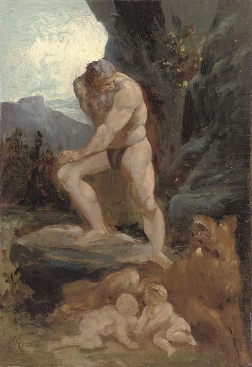 Nikolaus Gyzis - Faustulus happening upon Romulus and Remus suckling on a she-wolf