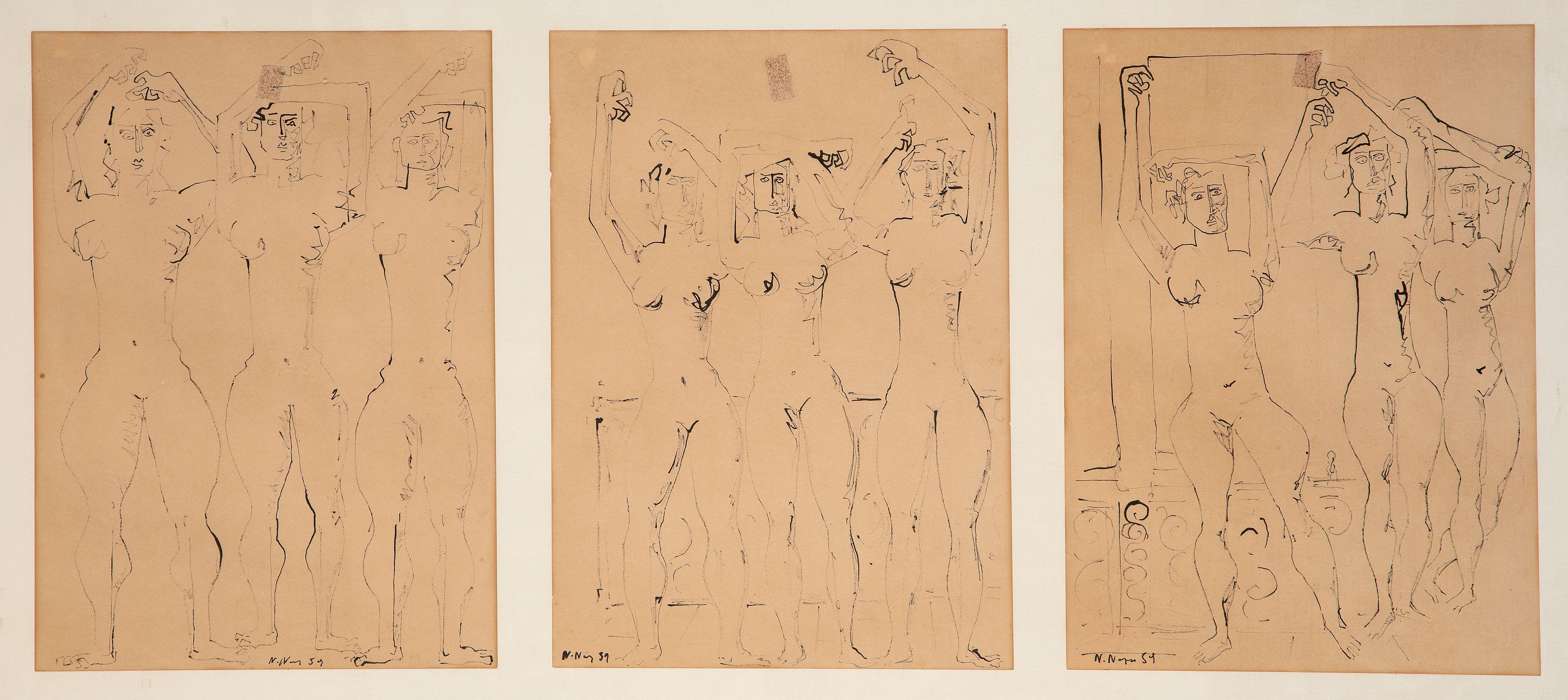 Nikos Nikolaou - Etudes de trois nus 36.7 x 24.5cm (14 7/16 x 9 5/8in). (chacun)