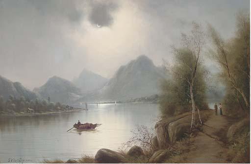 Nils Hans Christiansen, R.A.C. - A lake by moonlight