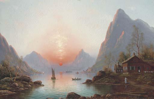 Nils Hans Christiansen - A fjord at sunset; and a winter fjord scene