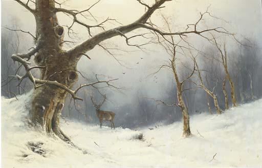 Nils Hans Christiansen - A stag in a winter landscape