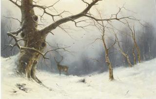 Nils Hans Christiansen - A stag in a winter landscape