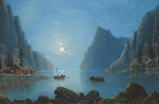 Nils Hans Christiansen - Rowing On A Fjord At Dusk; And Rowing On A Fjord By Moonlight