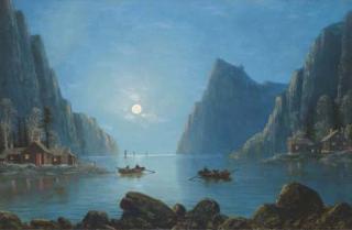 Nils Hans Christiansen - Rowing On A Fjord At Dusk; And Rowing On A Fjord By Moonlight