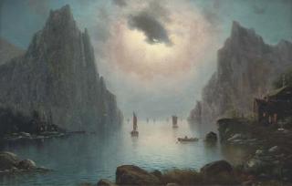 Nils Hans Christiansen - Vessels on a fjord by moonlight