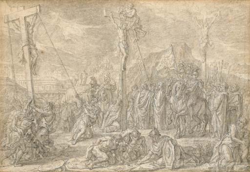 Noël Coypel - Christ sur la Croix entre les deux larrons, quatre soldats jouant aux dés au premier plan