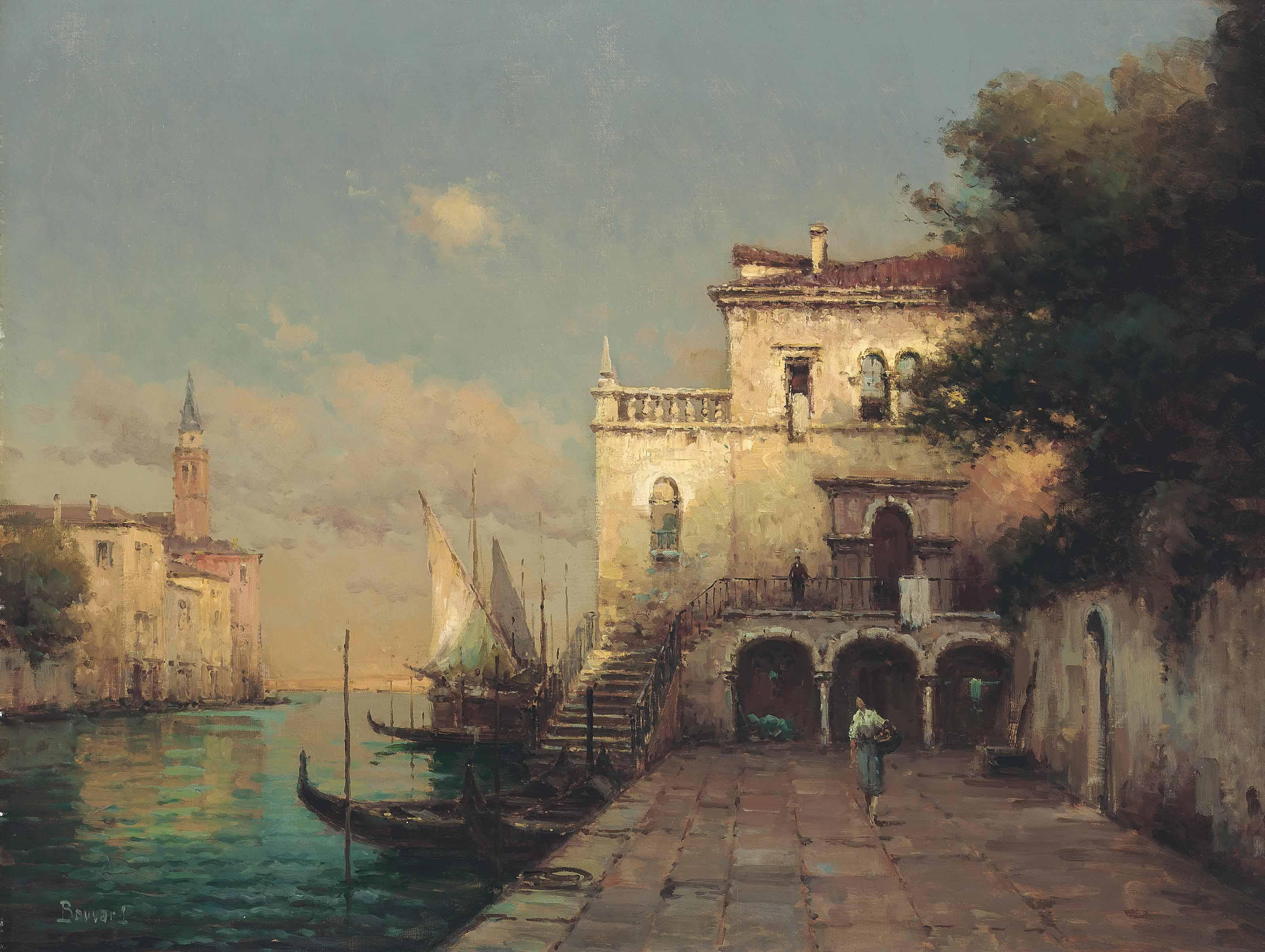 Noel Georges Bouvard - A Venetian Backwater, St. Mark\'S Tower Beyond