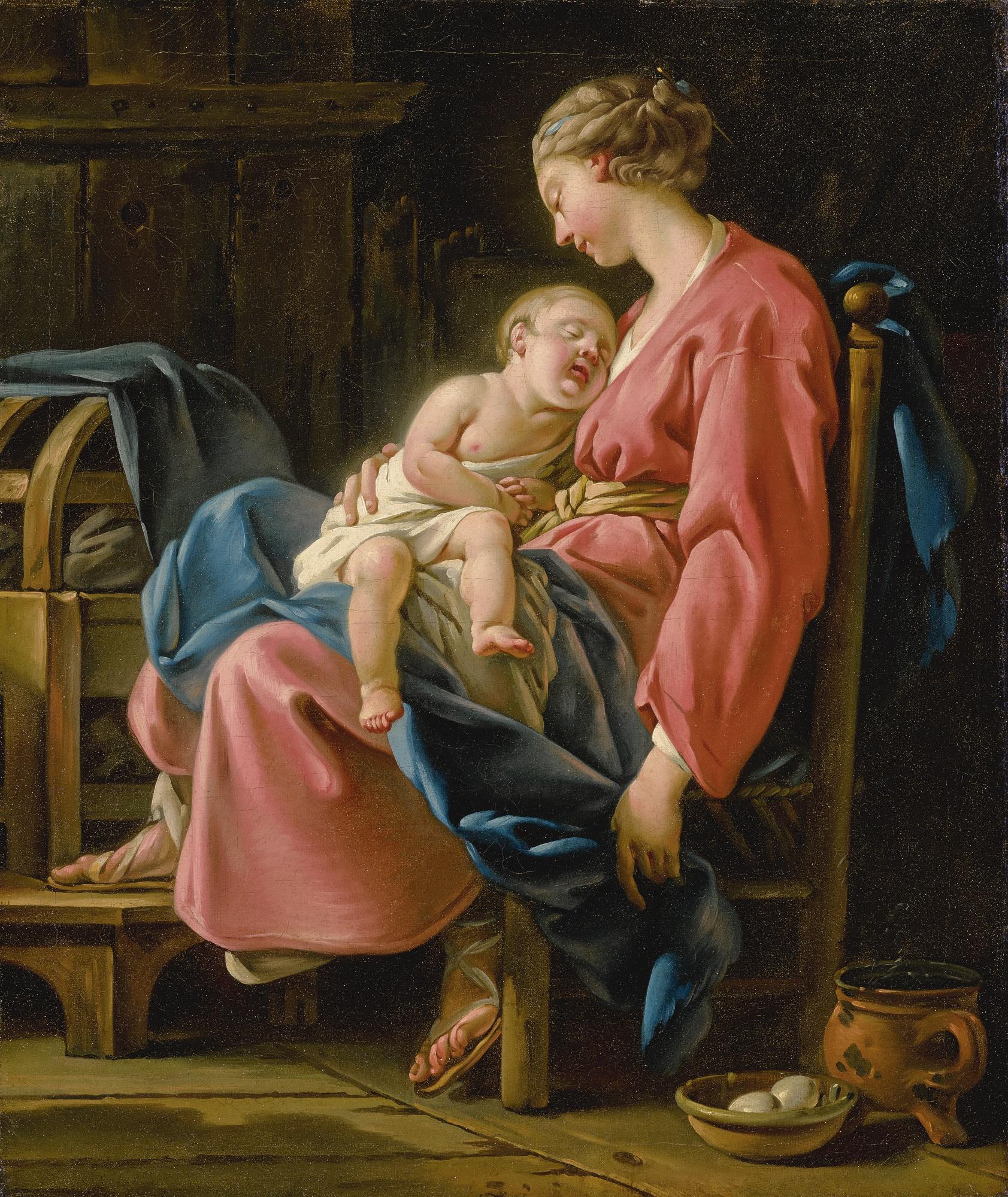 Noël Hallé - A Mother With Her Child Asleep On Her Lap In An Interior