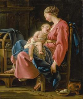Noël Hallé - A Mother With Her Child Asleep On Her Lap In An Interior