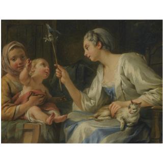 Noël Hallé - An Interior With Two Women Entertaining A Child