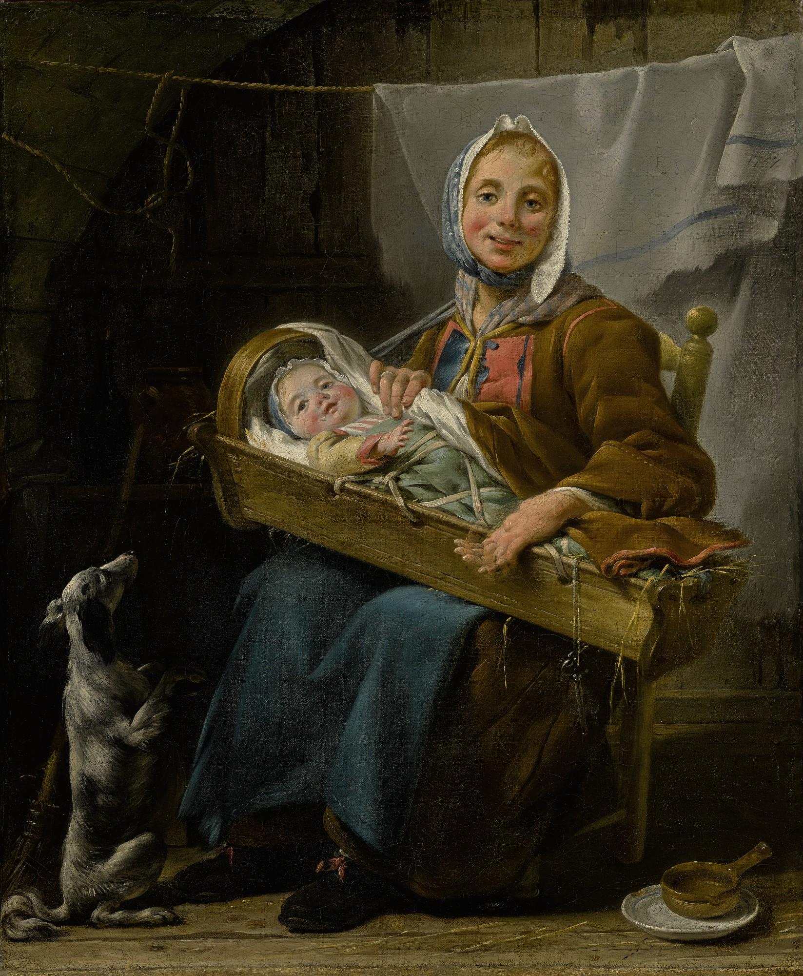 Noël Hallé - Portrait Of A Woman, Said To Be Geneviève Lorry, Dressed As A Savoyarde, Holding An Infant In A Crib, Sitting In A Courtyard, Together With A Begging Dog