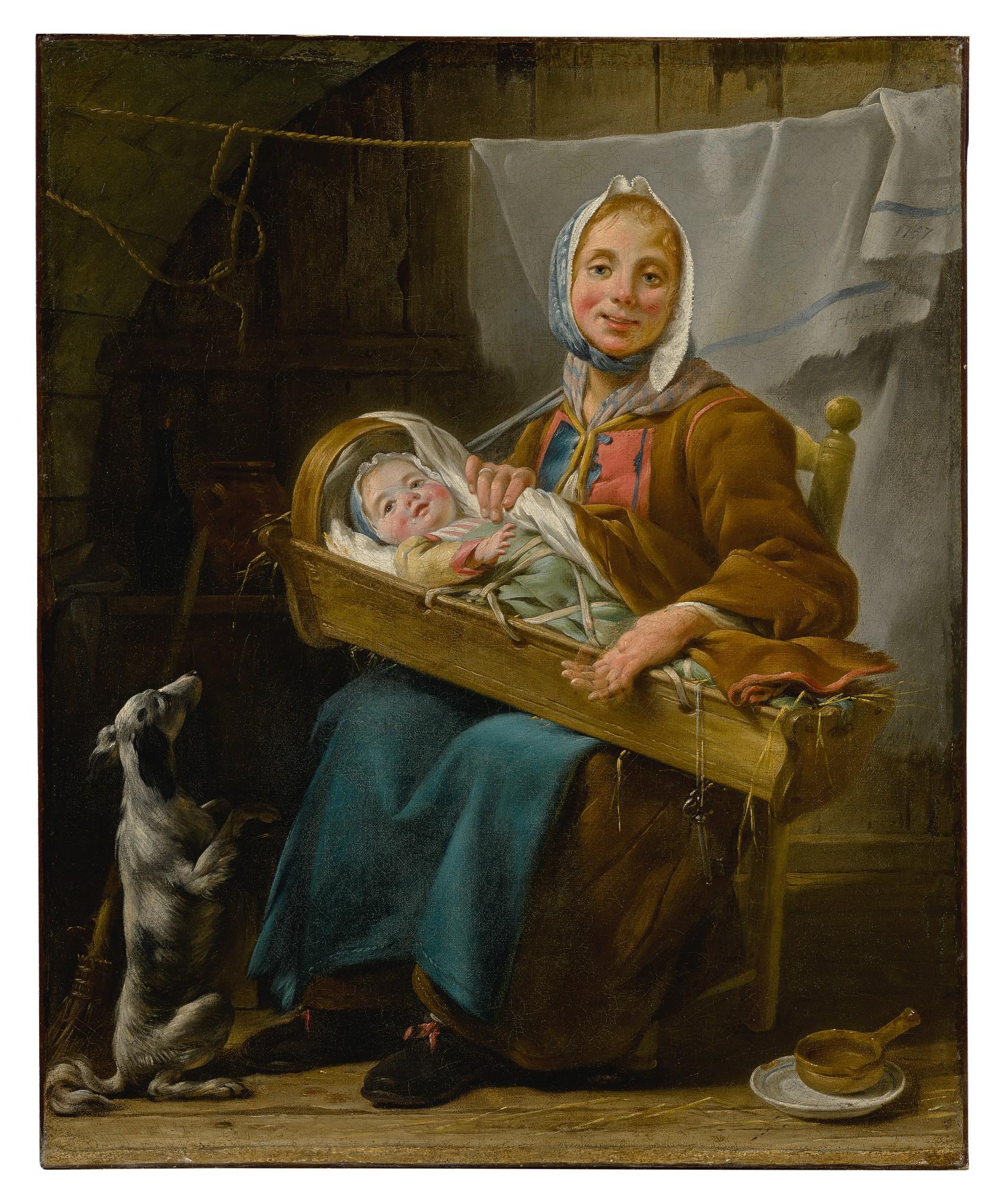 Noël Hallé - Portrait Of A Woman, Said To Be Geneviève Lorry, Dressed As A Savoyarde, Holding An Infant In A Crib, Sitting In A Courtyard, Together With A Begging Dog
