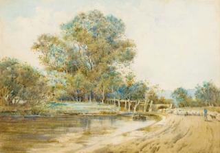 Noel Harry Leaver, A.R.C.A. - A shepherd and his flock approaching a bridge over a river