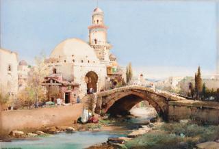 Noel Harry Leaver A.R.C.A. - Arabs on a bridge before a mosque