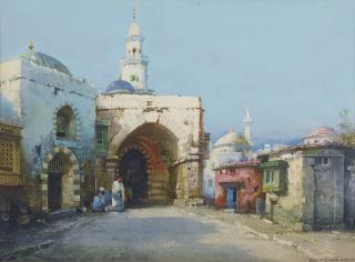 Noel-Harry Leaver - Entrée D\'Une Ville Bordée Par Une Maison Rosenoel Harry Leaver ; Entrance Of A City ; Signed Lower Right ; Watercolour On Paper