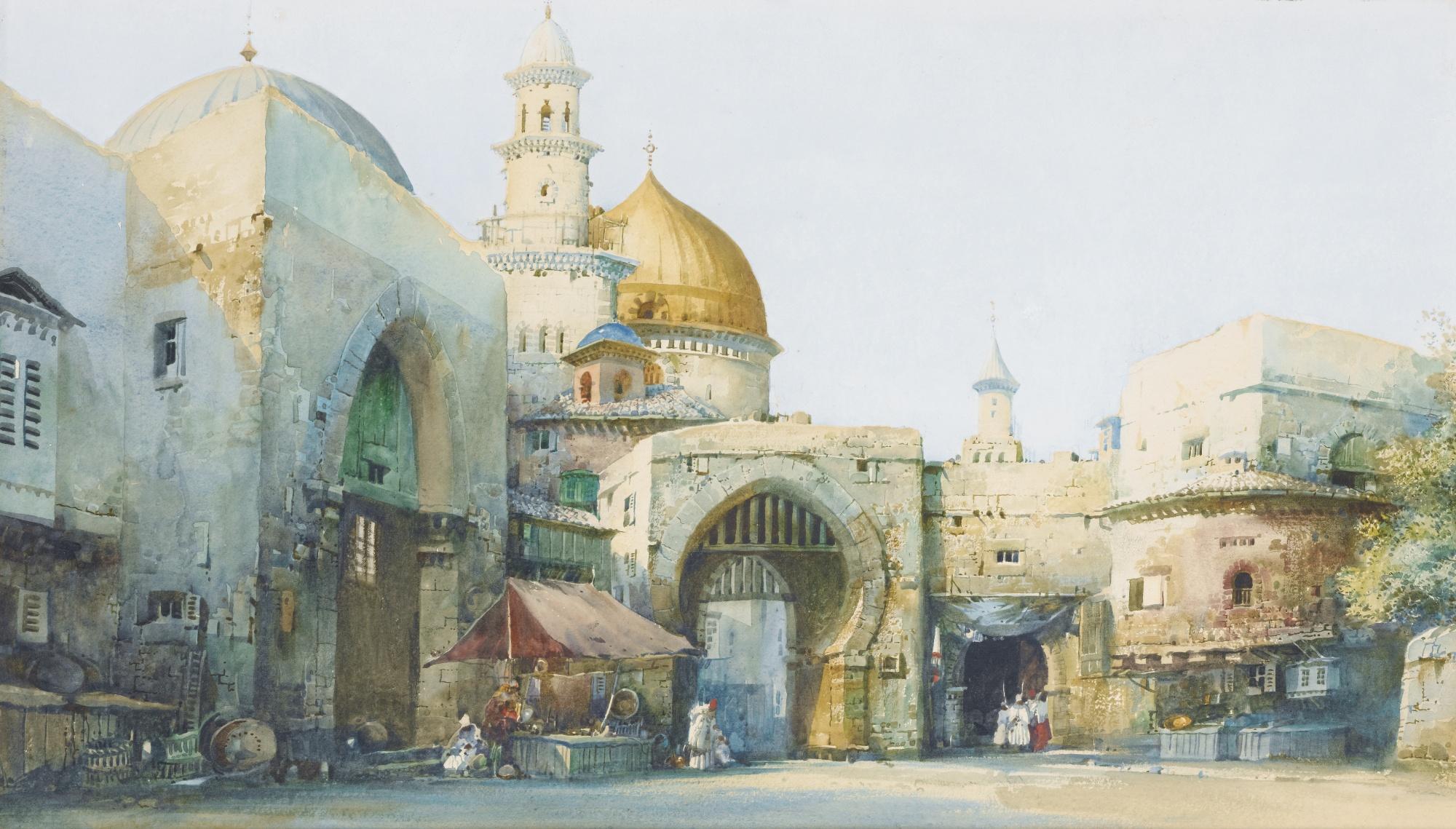 Noel-Harry Leaver - Etals De Marchands À L\'Entrée D\'Une Villenoël Harry Leaver ; Merchants At The Entrance Of A City ; Signed Lower Left ; Watercolour On Paper