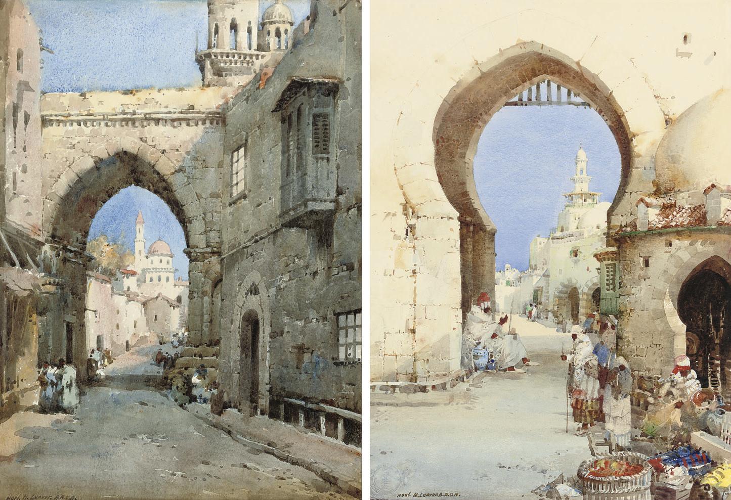 Noel Harry Leaver - Traders at an Arab gateway; and A bustling street scene, a Mosque beyond