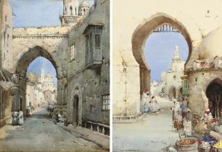 Noel Harry Leaver - Traders at an Arab gateway; and A bustling street scene, a Mosque beyond