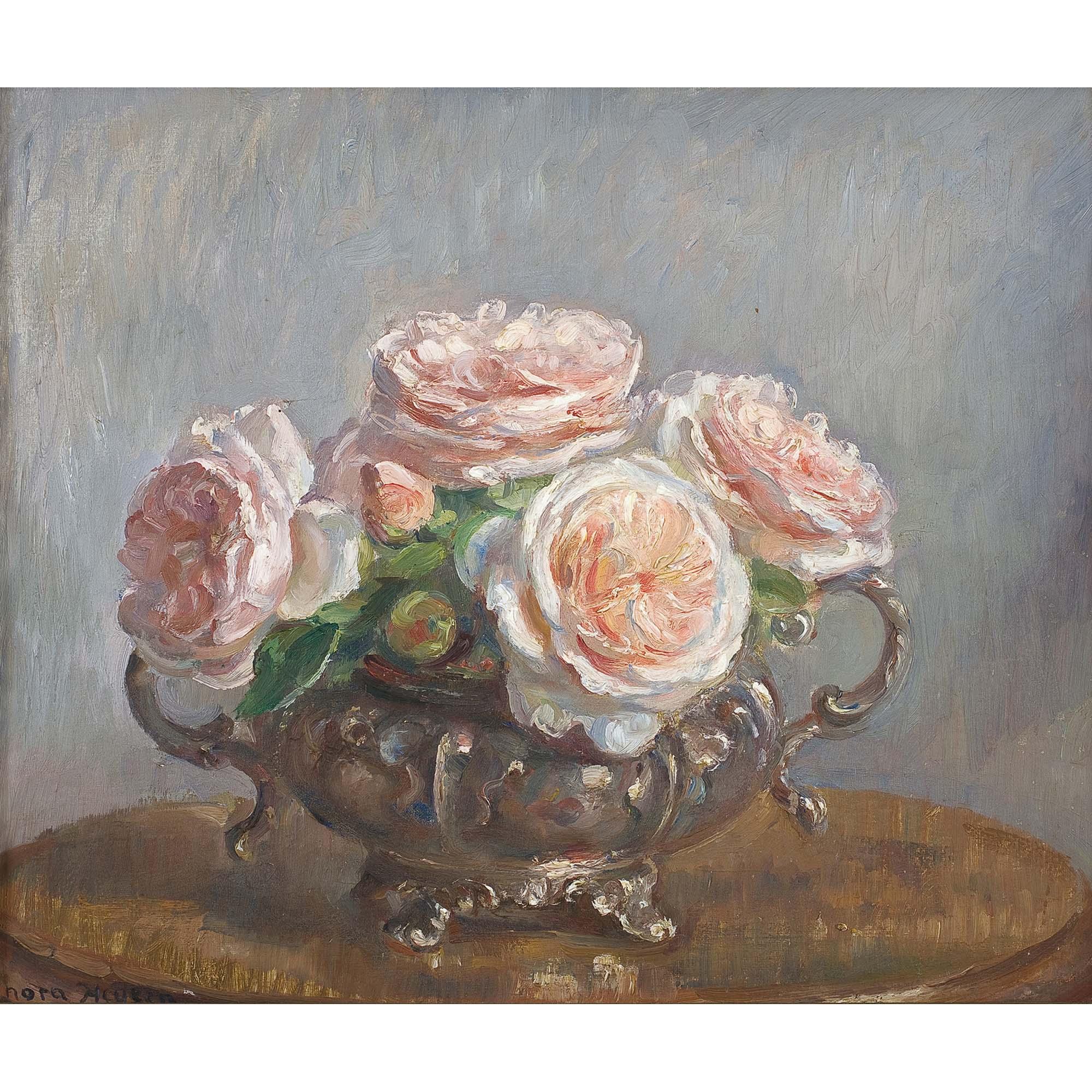 Nora Heysen - Australian Roses In A Silver Bowl