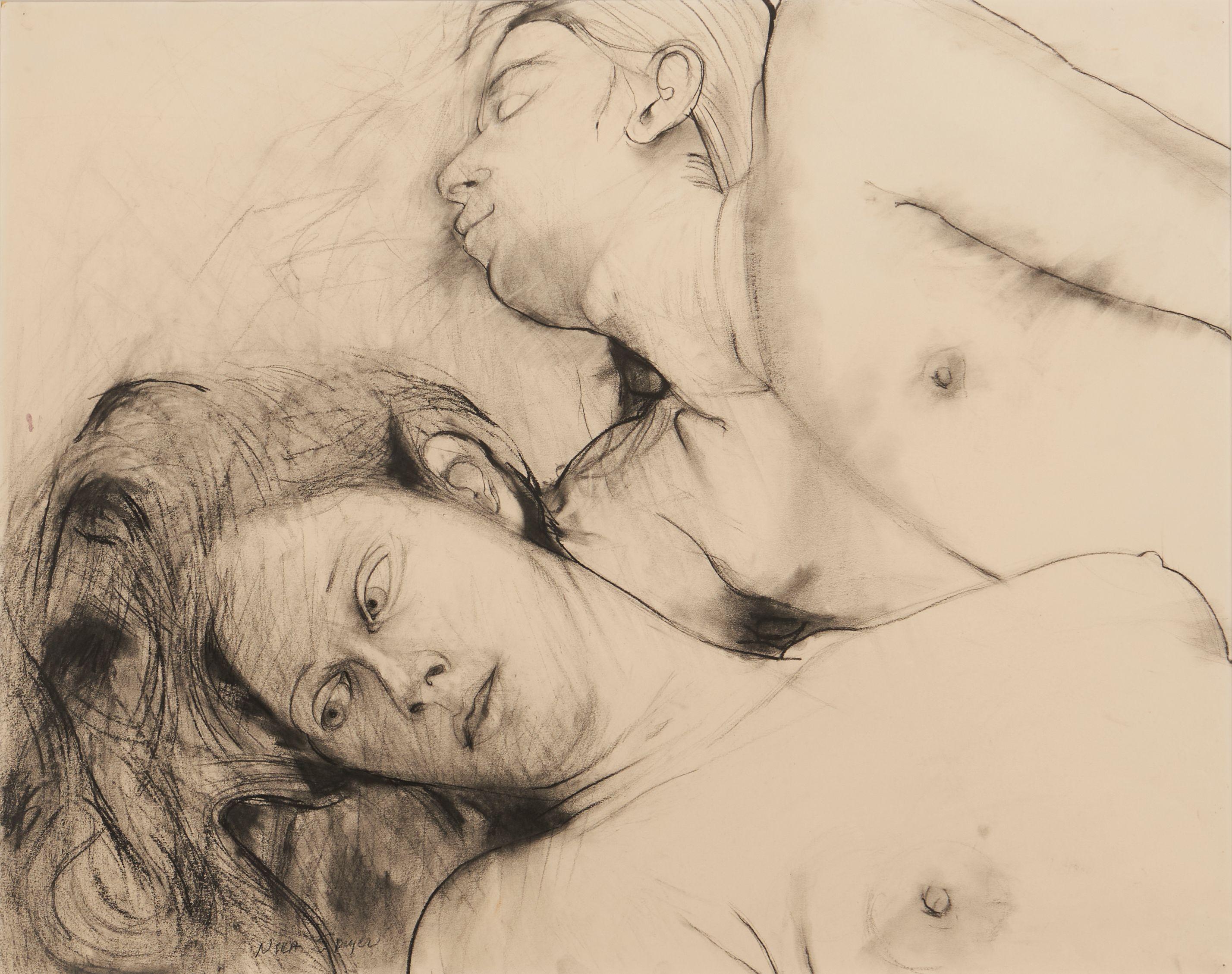 Nora Speyer - Couple Embracing Signed \'Nora Speyer\' in charcoal lower left. Charcoal on paper, framed. sight 22 3/4 x 28 3/8 in. (57.8 x 72.1 cm)