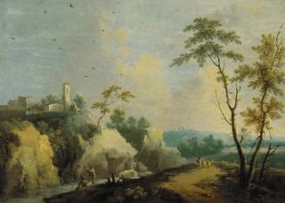 Norbert Grund - A mountainous river landscape with a couple on a boat and a shepherd with his flock, a village beyond