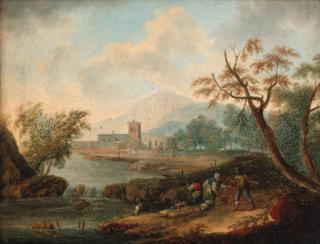 Norbert Joseph Carl Grund - An extensive river landscape with anglers on a bank