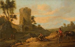 Norbert Joseph Carl Grund - Südliche Landschaft mit Packeseltreibern und Ruine.