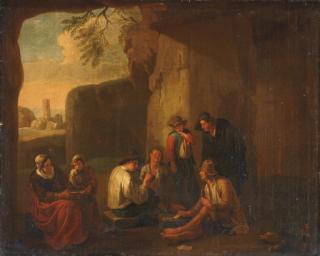 Norbert van Bloemen - Peasants Playing Cards In A Grotto, Ancient Ruins Beyond