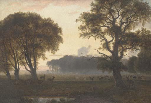 Nordhal Peter Frederick N. Grove - Deer grazing in a park at dusk