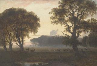 Nordhal Peter Frederick N. Grove - Deer grazing in a park at dusk